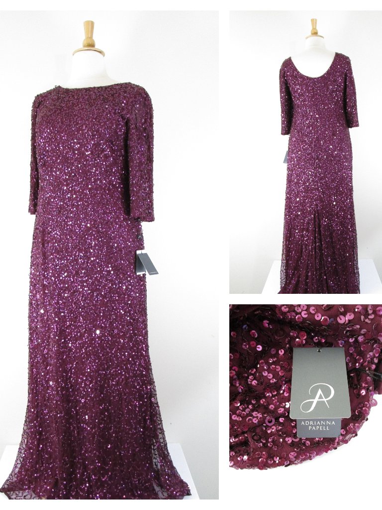 Adrianna Papell Plus Size Burgundy Plum Sequined Mermaid Formal Gown 16w